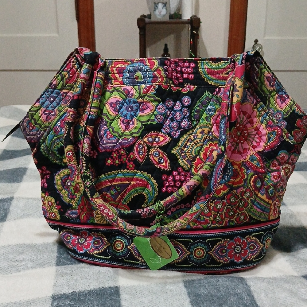 Vera Bradley Black Quilted Floral-Paisley Multicolor Tote